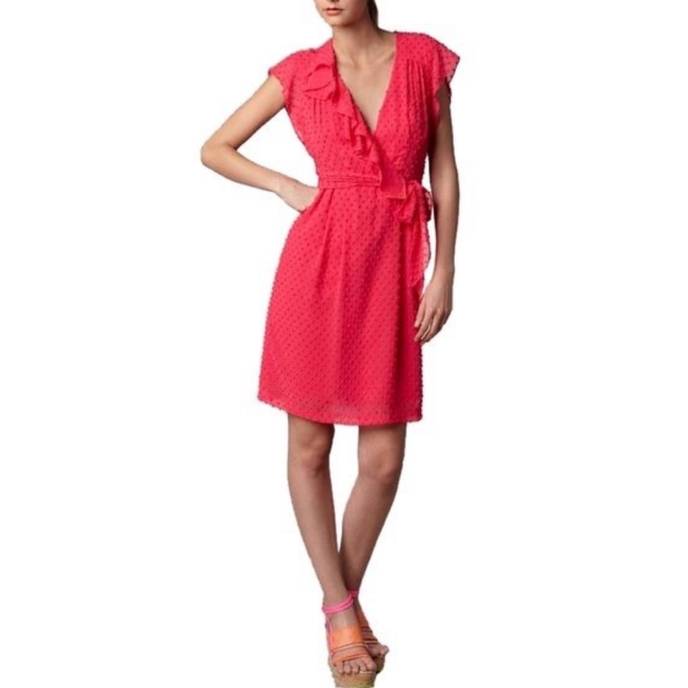 Nanette Lepore Fuchsia Swiss Dot Ruffle Faux Wrap Dress Hot Pink Size 0 - Picture 3 of 12